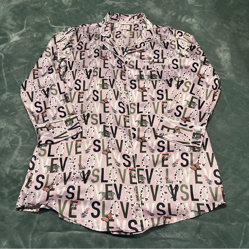 Victorias‎ Secret Love Logo Satin Sleep Shirt Purple Butterfly Leopard L Large